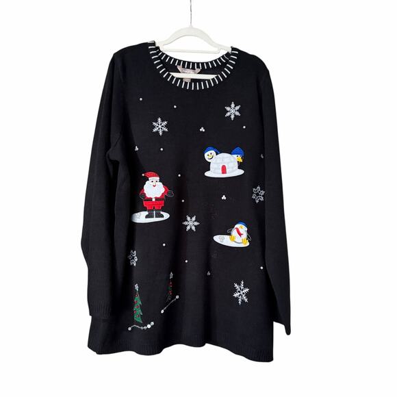 White Stage Women’s Christmas Sweater 2X Black Embroidered Snowman Santa Vintage - Picture 1 of 8